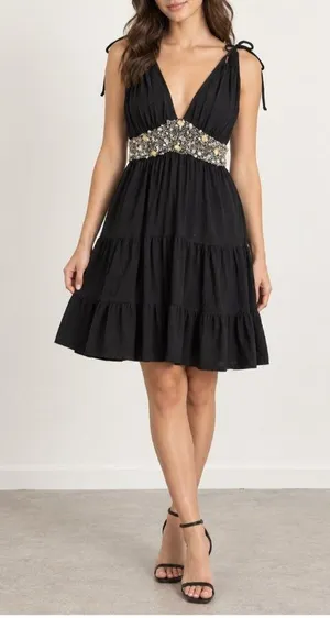 Black Embellished Empire Waist Dress Beaded Tiered Skirt with Tie Straps thumbnail 1