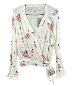 NWT Abercrombie & Fitch Women's White Floral Long Sleeve Top‎ Small Wrap Tie thumbnail 1