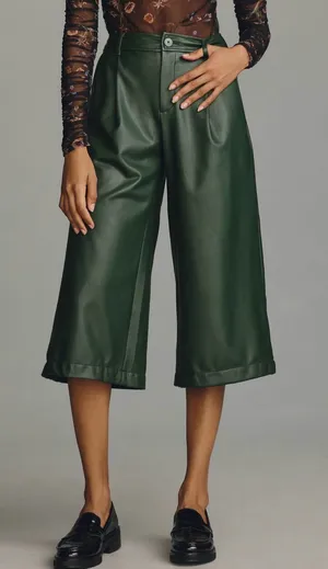 By Anthropologie Faux Leather Culottes Dark Green Sz.4‎ NWT thumbnail 1
