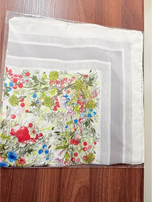 Elegant Floral Square Scarf in Satin Polyester, 68cm x 68cm, Vibrant Red, Blue thumbnail 4