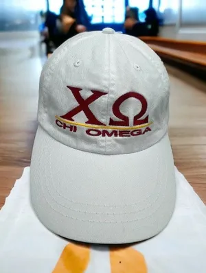 Chi Omega White Hat Baseball Cap Sorority Womens Greek Letters Embroidered Adams thumbnail 1