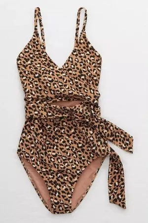 Aerie Womens Leopard Print Cutout Wrap One Piece Swimsuit Tan Black Medium‎ thumbnail 1