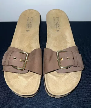 Brown Buckle Slide Sandals with Gold Accent thumbnail 1