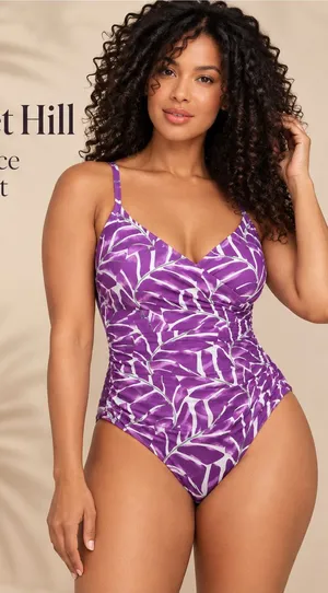 Garnet Hill Purple Tropical Leaf Ruched One Piece Swimsuit Size 6 thumbnail 1