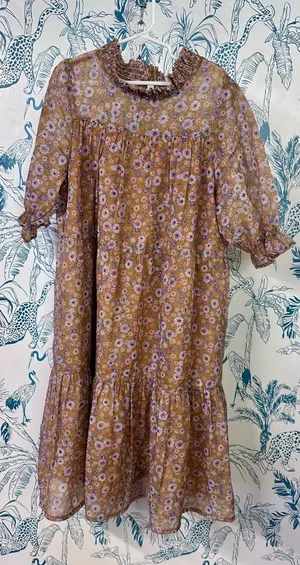 Floral Brown Dress with Ruffle Hem thumbnail 1