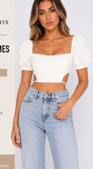 White Fox Boutique Love Games Crop Top White Puff Sleeve Size S NWT thumbnail 1