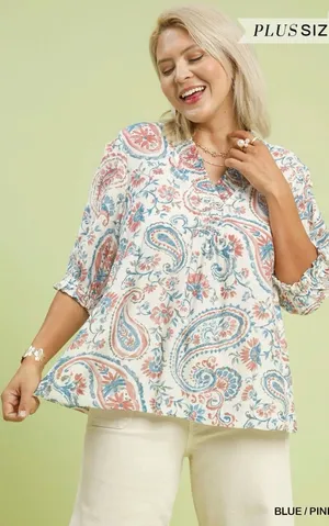 New! Umgee Plus Size Floral Paisley V-Neck Peasant Top - Blue/Pink Size X Large thumbnail 1