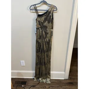 Adrianna Papell One Shoulder Metallic Gown‎ Size 2 Gold Black Prom Gala MOB thumbnail 3