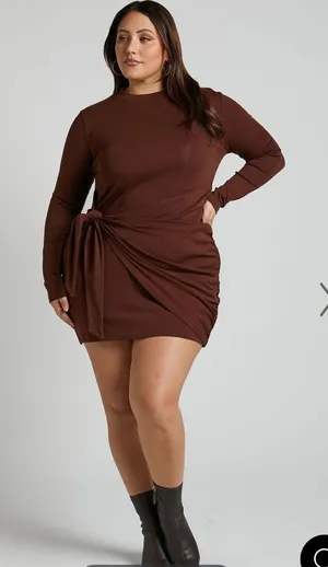 Showpo Marleen Wrap‎ Front Long Sleeve Bodycon Mini Dress in Dark Oak Sz 16 NEW thumbnail 1
