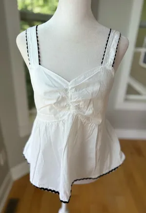 Japna White Cotton Peplum Tank Top with Black Trim Sz Medium thumbnail 1