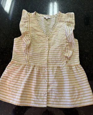 Andree‎ By Unit Women's Top Sz Sm White Yellow Stripe Cotton Ruffle Shirt Blouse thumbnail 1