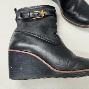 Tory Burch Black Leather Sherpa Lined Ankle Wedge Boots Booties Womens 8 Fall thumbnail 3
