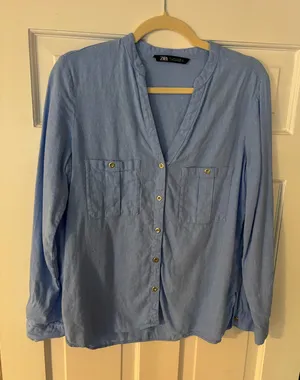Zara light blue button down blouse  thumbnail 1
