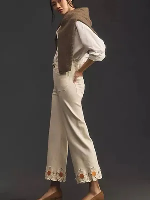 Maeve Anthropologie Colette Wide-Leg Jeans Daisy Cutwork Hem cottagecore whimsy thumbnail 6