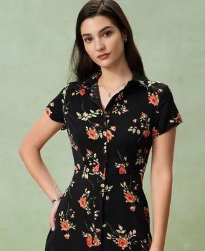 RIHOAS Black Floral Button A-Line Midi Dress M thumbnail 3