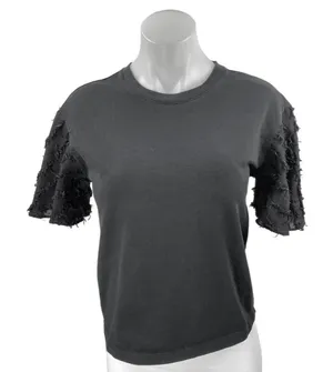 See By Chloe Women's Black Fringed Flutter Short Sleeve Blouse T shirt Top Sz S thumbnail 1