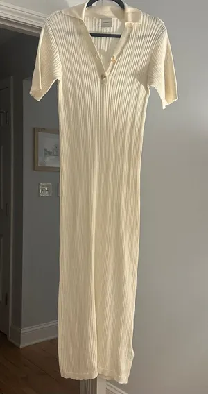 Varley Cream Ribbed Midi Dress with Polo Collar thumbnail 1