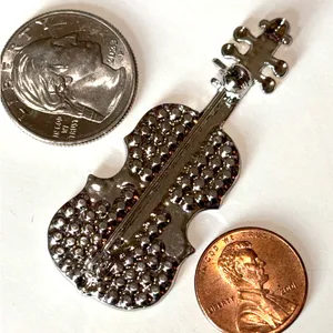 Crystal Rhinestone Violin Brooch Pin Silver thumbnail 7