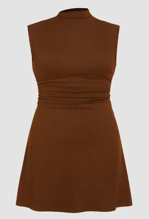 Cider Dress Ribbed Mock Neck Sleeveless Brown Ruched Waist Plus Size 2X 18 20 thumbnail 1