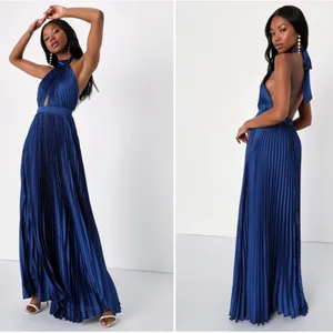 LULU's Prom Wedding Bridesmaid Pleated Satin Open Back Halter Maxi Dress thumbnail 3