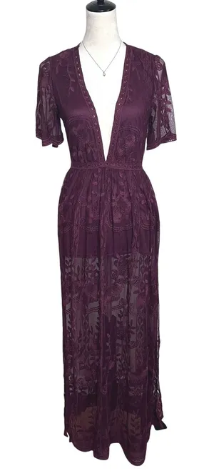 Haute Monde Plum Purple Floral Lace Deep V-Neck Boho Maxi‎ Romper Dress Small thumbnail 1