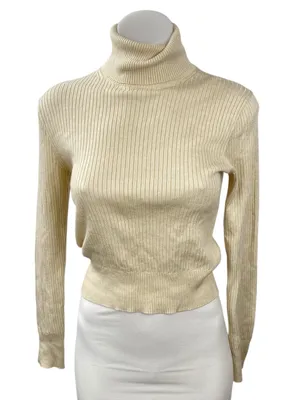 J.Crew Women's Cream Ribbed Knit Turtle Neck Long Sleeve Crop Sweater Top Sz S thumbnail 1