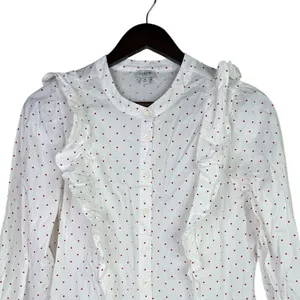 J.Crew Cotton Poplin Ruffle Heart Print Button Down LongSleeve Shirt M White Red thumbnail 2