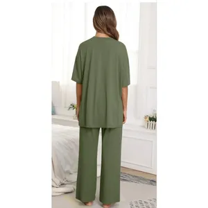 NEW Soft 2 Pc Lounge Set Pajamas Knit Short Sleeve Top & Long Pants M thumbnail 2