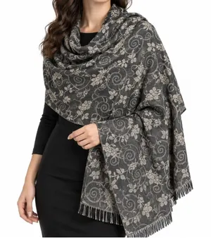 Women's Black Beige Floral Pashmina Scarf Viscose Acrylic Elegant Fringe Wrap thumbnail 1