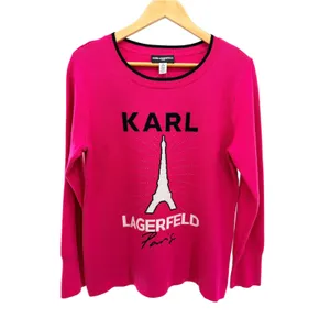 Karl Lagerfeld Paris Hot Pink Eiffel Tower Rhinestone Sweater M NWT Parisian thumbnail 2
