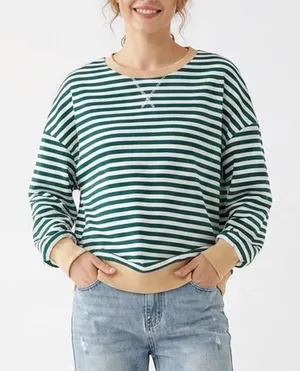BTFBM Green White Striped Crewneck Sweatshirt Large Tan Trim thumbnail 1