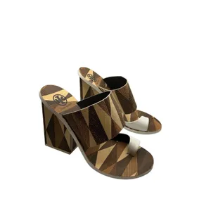 Tory Burch Geometric Marquetry Block Heel Sandals Brown White Leather 7.5M thumbnail 3