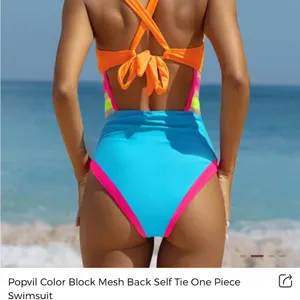 Brand New Popvil Color Block Mesh Back Self Tie One Piece Swimsuit thumbnail 2