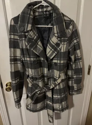 Joujou Womens Grey Plaid Double‎ Breasted Belted Peacoat Jacket Size M Y2K thumbnail 1