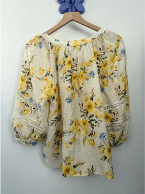 Fig & Flower Large Yellow Floral Sheer Button Up Blouse Puff Sleeve Relaxed Boho thumbnail 4