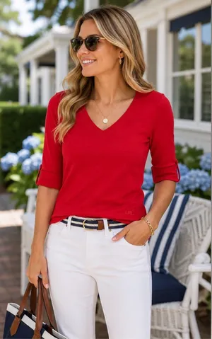 Lauren Ralph Lauren Red Stretch Cotton Elbow Sleeve V-Neck Tee Medium thumbnail 1