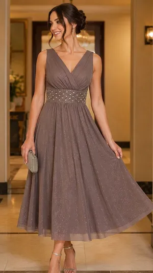 Jessica Howard Glitter Mesh Beaded Waist Midi Cocktail Dress Taupe Size 6 thumbnail 1