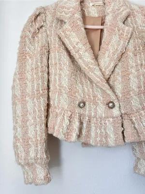 LoveShackFancy Braelyn Crop Jacket Small‎ Cream Bouclé Tweed Peplum Jacket $595 thumbnail 5