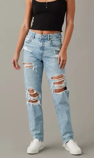 American Eagle Mom Jeans Medium Wash Ripped Straight Leg Jeans Size 4 Short thumbnail 1
