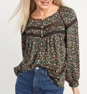 OLD NAVY Long Sleeve Lace Trimmed Floral Print Blouse Brown Button Cottagecore thumbnail 1