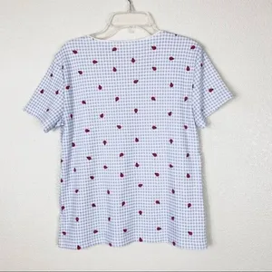 Vintage Blue & White Gingham Ladybug Picnic Pattern Scoop Neck Tshirt Size S thumbnail 2