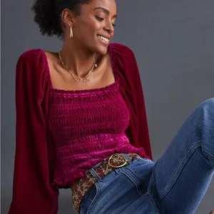 Anthropologie Jewel-Tone Pink Puff-Sleeve Velvet Blouse Peasant Smocked - Size S thumbnail 3