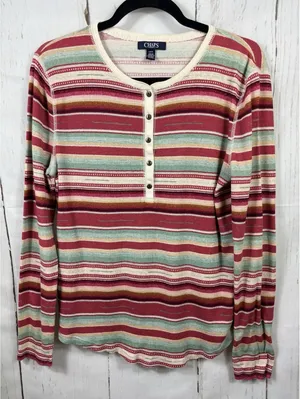Chaps Denim Women's Sz L Striped Cotton South Western Henley Pullover Top thumbnail 2
