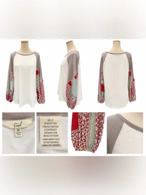 Easel Mixed Media Raglan Top Boho Patchwork Sleeve White Gray Size Medium thumbnail 6