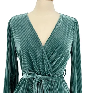 MEROKEETY Teal Ribbed Velvet Wrap Dress Long‎ Sleeve Tie Waist Size Large thumbnail 5