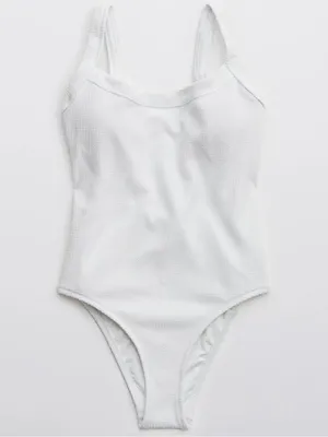Aerie Waffle Scoop One Piece Swimsuit medium solid white thumbnail 2