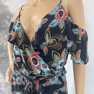 Ann Taylor Loft Floral Cold Shoulder Maxi Dress Navy Blue‎ Large Wrap Tie Waist thumbnail 15