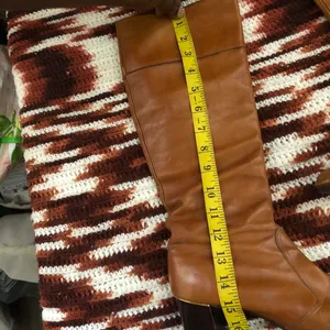 Vintage 90s Golden Brown Tan leather knee-high riding boho equestrian boots kitten heels hippie indie thumbnail 4