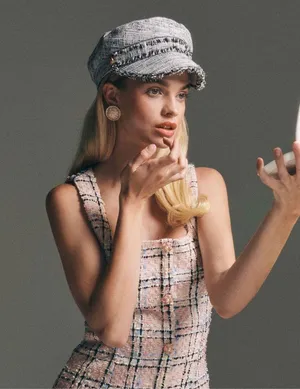 Anthropologie Black White Houndstooth Plaid Tweed frayed newsboy baker boy hat cap gold tone button-One Size (O/S) thumbnail 6