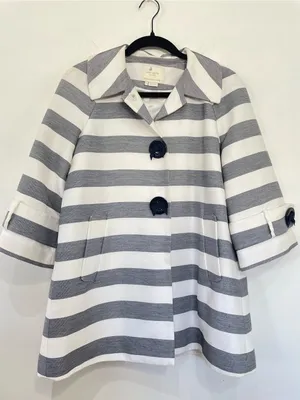 KATE SPADE Ivy Car Coat S Cream Navy Soda Fountain Stripe Bow Buttons thumbnail 3